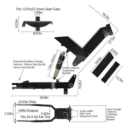 Voilamart Steel Electric Bike Frame 170mm Rear Dropout with Rear Shock Absorption, for 48V 3000W-5000W Stealth Bomber Frame