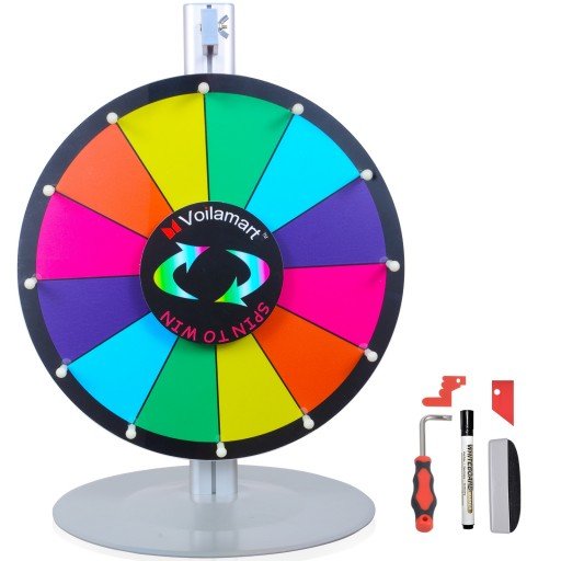 Voilamart 15" Tabletop Spinning Prize Wheel 12 Slots with Aluminum Base, Dry Erase, 2 Pointer, for Fortune Spin Game in Party Pub Trade Show Carnival