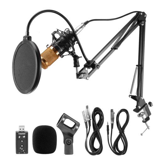 Voilamart BM-800 Professional Studio Broadcasting Recording Condenser Microphone & Adjustable Microphone Suspension Scissor Arm Stand with Shock Mount and Mounting Clamp Kit & USB Audio Adapter