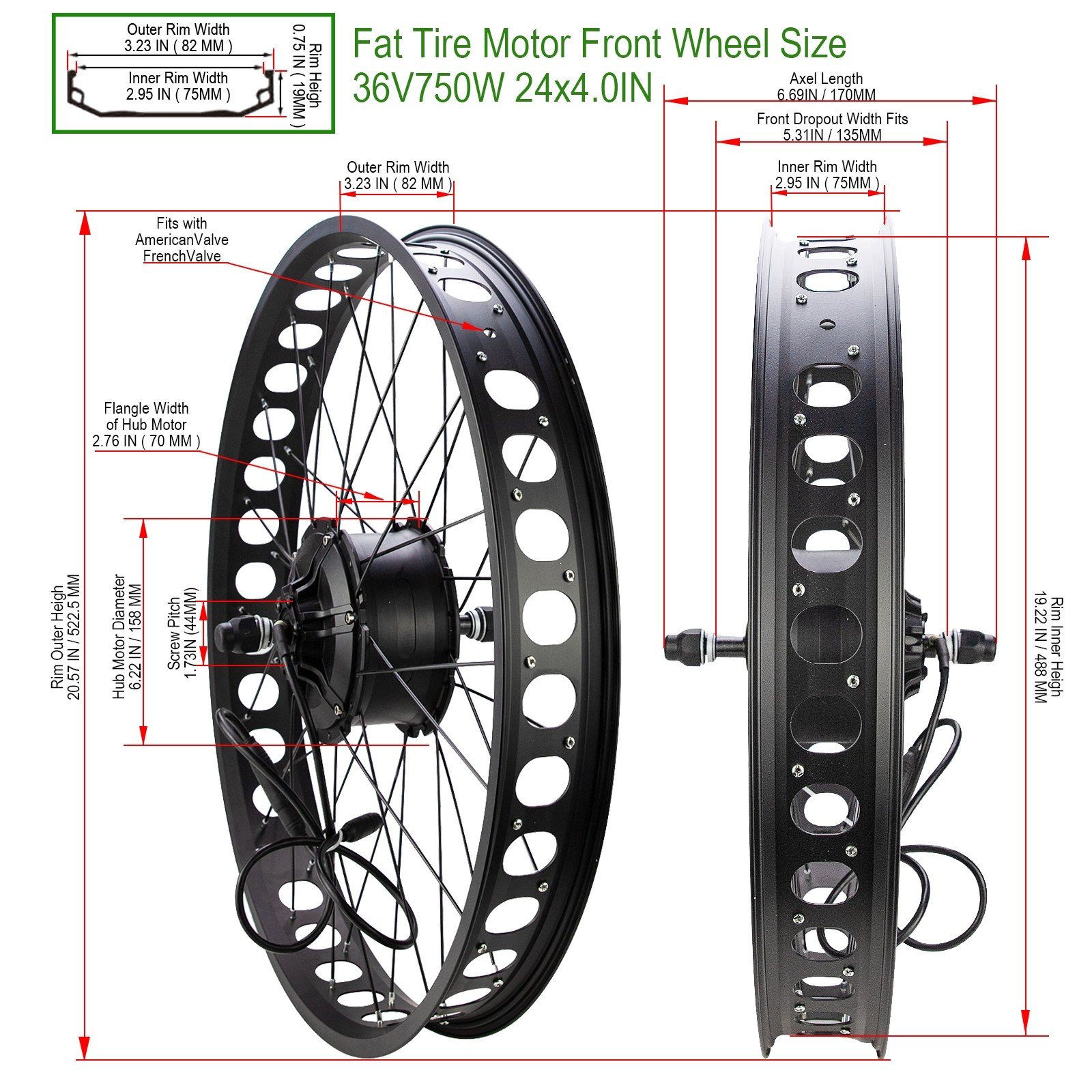 24 X 4.0 IN 36 Volt 750 Watt Front 135MM Hub Motor Wheel Kit